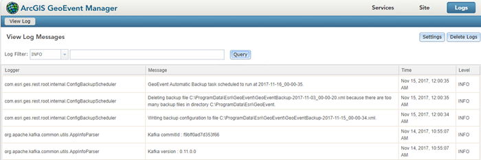 Log messages in ArcGIS GeoEvent Manager. Log messages in ArcGIS GeoEvent Manager.